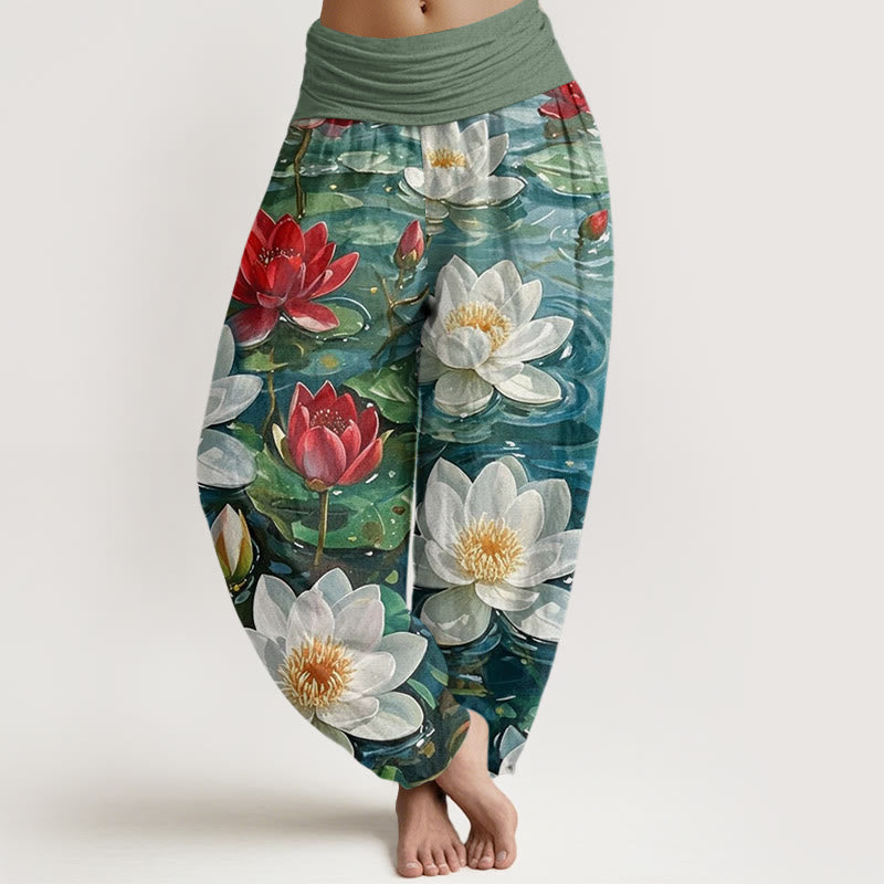 Pantalones bombachos de cintura elástica para mujer, de algodón, estilo casual, con estampado de flor de loto roja en flor y Buddha Stones. - Verde bosque - US22，UK/AU26，EU54 (6XL) - image 0