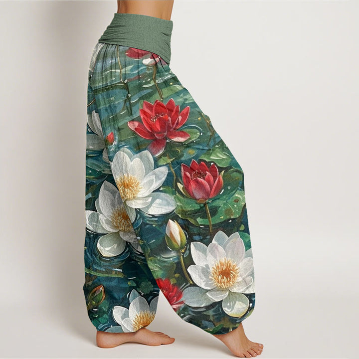 Pantalones bombachos de cintura elástica para mujer, de algodón, estilo casual, con estampado de flor de loto roja en flor y Buddha Stones. - image 1