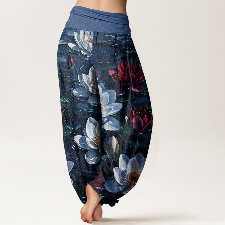 Pantalones bombachos de cintura elástica para mujer, de algodón, estilo casual, con estampado de flor de loto roja en flor y Buddha Stones. - image 6