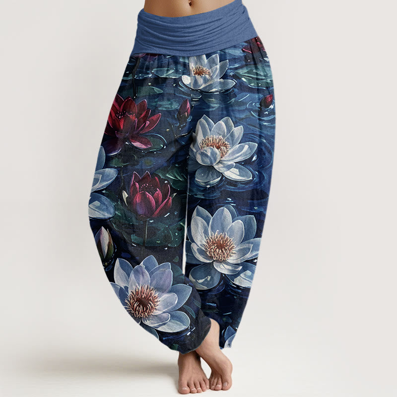 Pantalones bombachos de cintura elástica para mujer, de algodón, estilo casual, con estampado de flor de loto roja en flor y Buddha Stones. - Azul medio - US22，UK/AU26，EU54 (6XL) - image 4