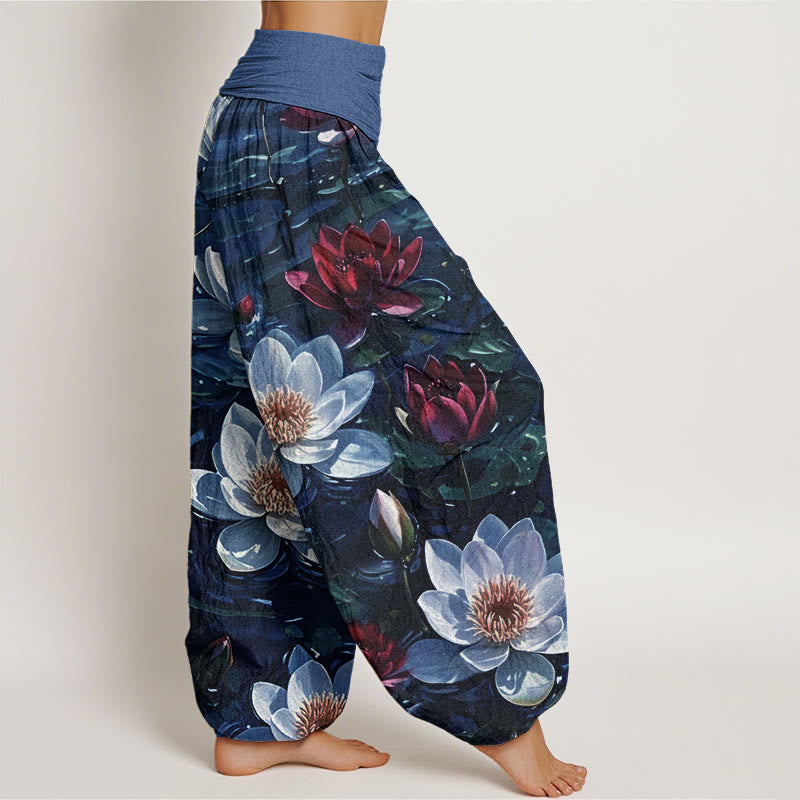 Pantalones bombachos de cintura elástica para mujer, de algodón, estilo casual, con estampado de flor de loto roja en flor y Buddha Stones. - image 5