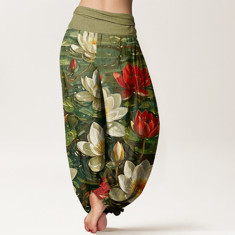 Pantalones bombachos de cintura elástica para mujer, de algodón, estilo casual, con estampado de flor de loto roja en flor y Buddha Stones. - image 9