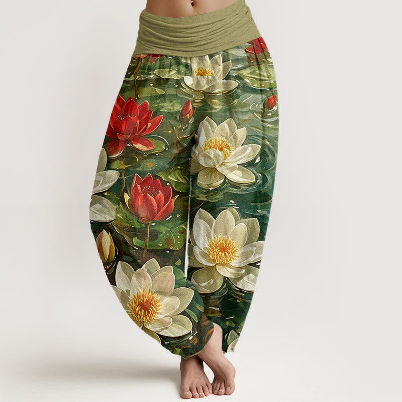 Pantalones bombachos de cintura elástica para mujer, de algodón, estilo casual, con estampado de flor de loto roja en flor y Buddha Stones. - Aceituna - US22，UK/AU26，EU54 (6XL) - image 7