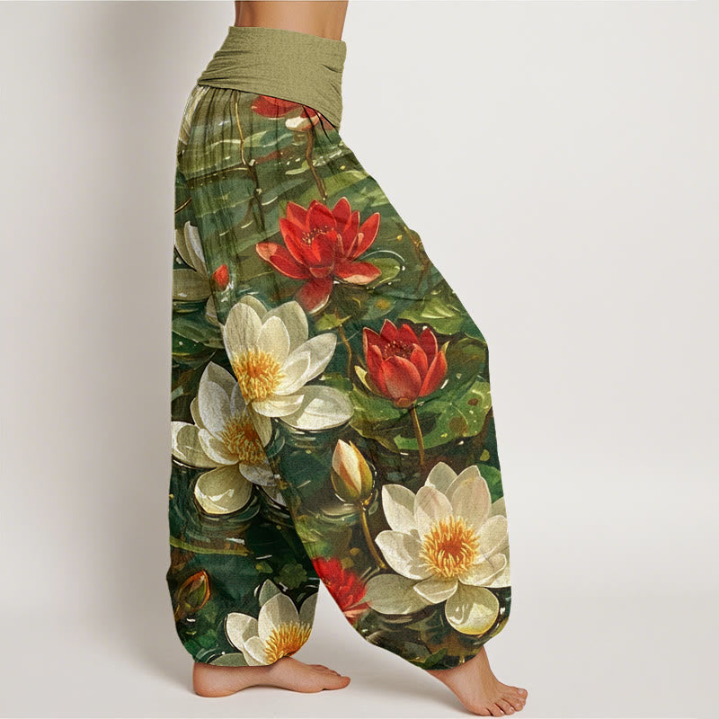 Pantalones bombachos de cintura elástica para mujer, de algodón, estilo casual, con estampado de flor de loto roja en flor y Buddha Stones. - image 8