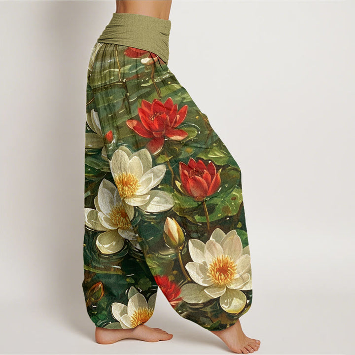 Pantalones bombachos de cintura elástica para mujer, de algodón, estilo casual, con estampado de flor de loto roja en flor y Buddha Stones. - image 8