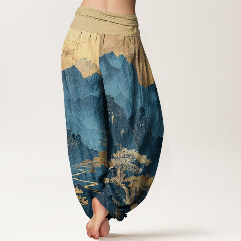 Pantalón tipo harem de cintura elástica para mujer, con estampado informal de Buddha Stones, montañas, árboles y ramas, de algodón. - image 2