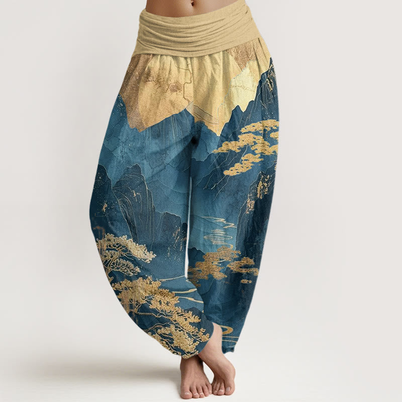 Pantalones harén de cintura elástica para mujer con estampado de ramas de árboles y montañas con Buddha Stones - Azul acero - US22，UK/AU26，EU54 (6XL) - image 1