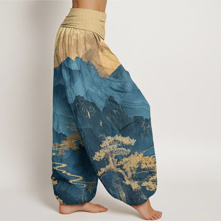 Pantalón tipo harem de cintura elástica para mujer, con estampado informal de Buddha Stones, montañas, árboles y ramas, de algodón. - image 1