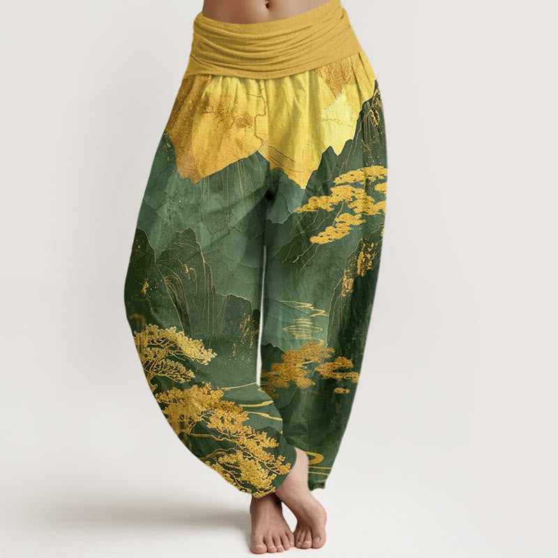 Pantalón tipo harem de cintura elástica para mujer, con estampado informal de Buddha Stones, montañas, árboles y ramas, de algodón. - Verde - US22，UK/AU26，EU54 (6XL) - image 4