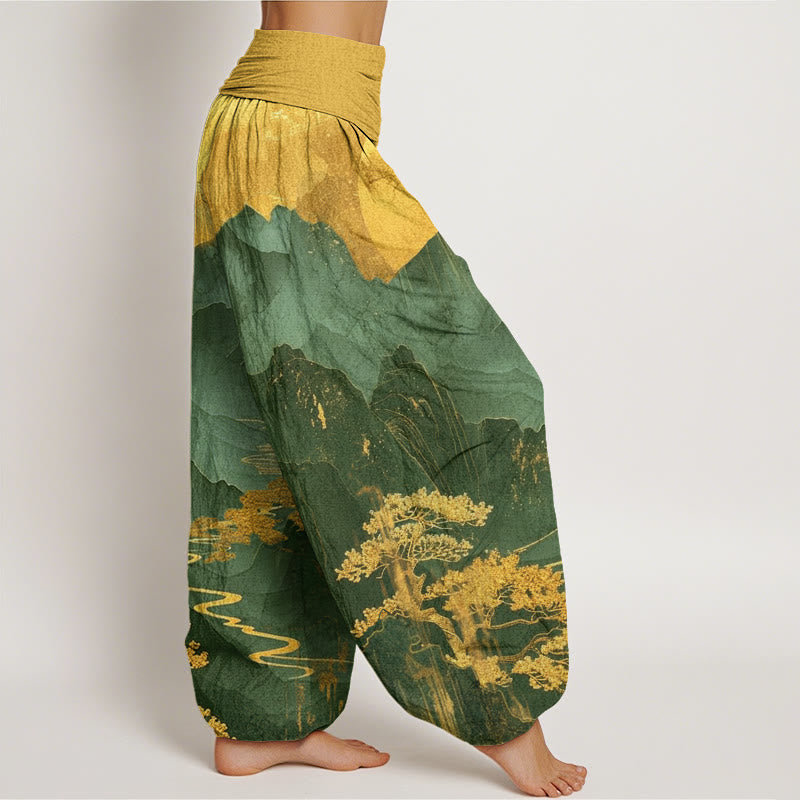 Pantalón tipo harem de cintura elástica para mujer, con estampado informal de Buddha Stones, montañas, árboles y ramas, de algodón. - image 5