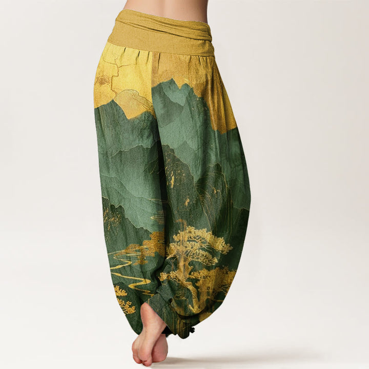 Pantalón tipo harem de cintura elástica para mujer, con estampado informal de Buddha Stones, montañas, árboles y ramas, de algodón. - image 6