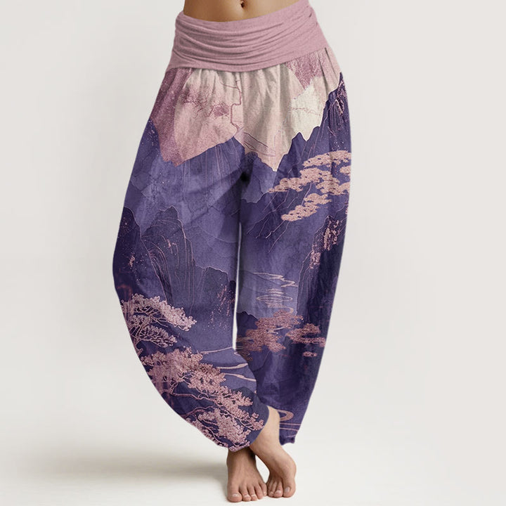 Pantalón tipo harem de cintura elástica para mujer, con estampado informal de Buddha Stones, montañas, árboles y ramas, de algodón. - Orquídea oscura - US22，UK/AU26，EU54 (6XL) - image 7