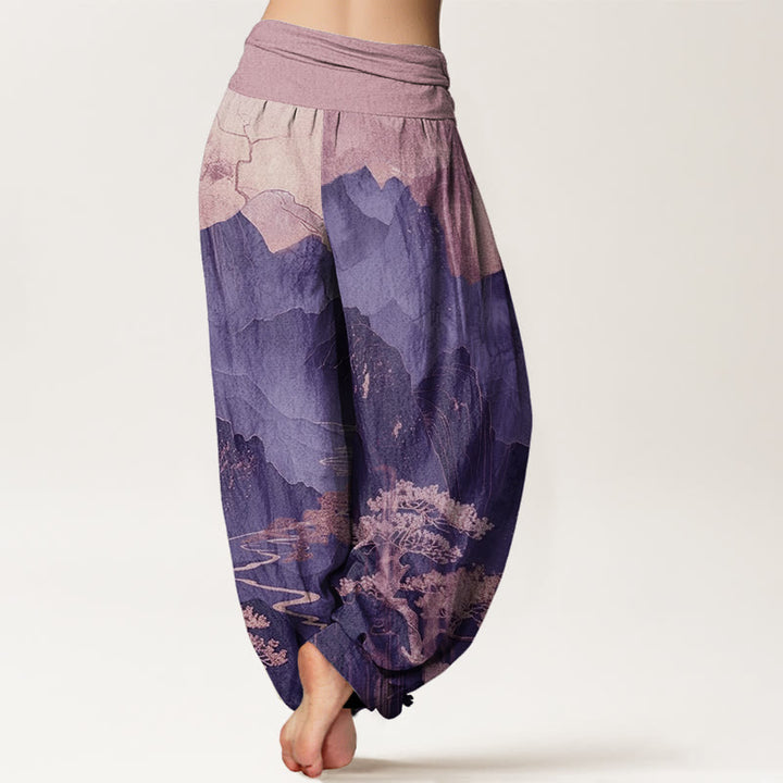 Pantalón tipo harem de cintura elástica para mujer, con estampado informal de Buddha Stones, montañas, árboles y ramas, de algodón. - image 9