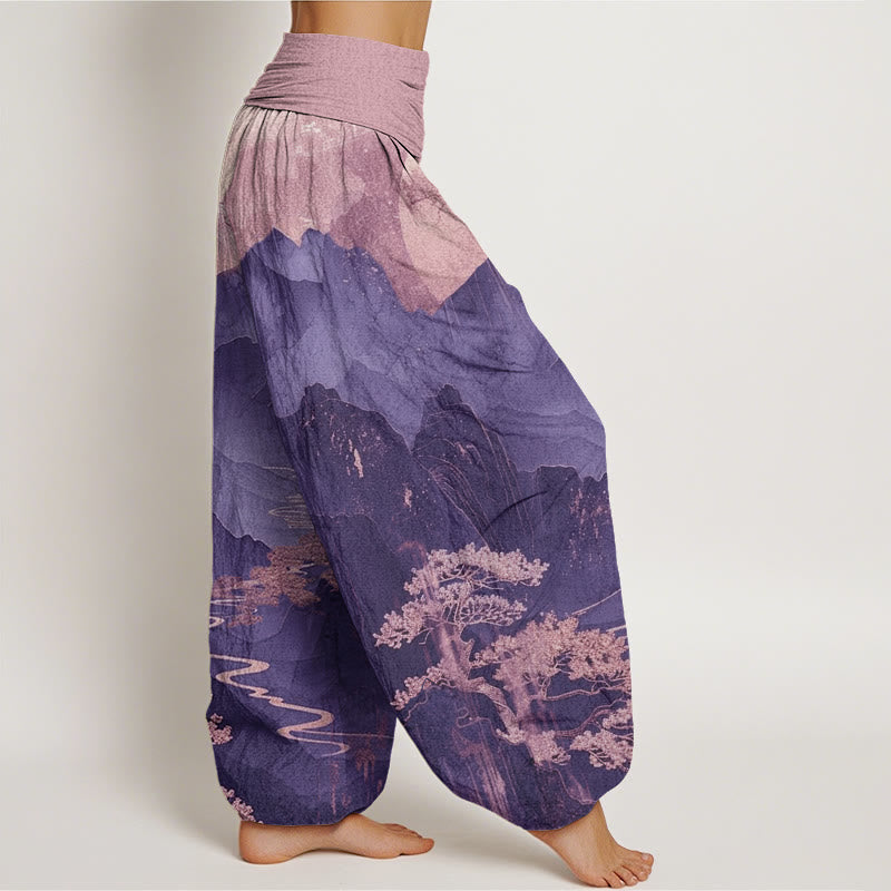 Pantalón tipo harem de cintura elástica para mujer, con estampado informal de Buddha Stones, montañas, árboles y ramas, de algodón. - image 8