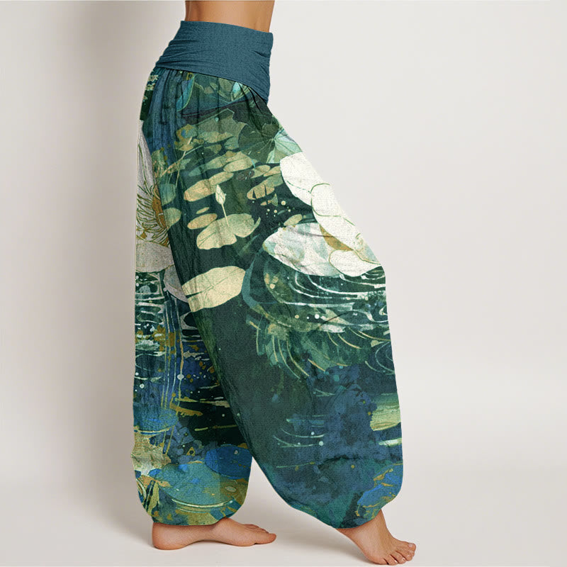 Pantalones bombachos de cintura elástica para mujer, de algodón, estilo casual, con estampado de flor de loto y Buddha Stones. - image 1