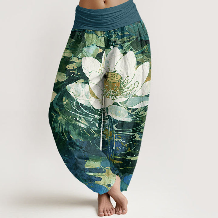 Pantalones bombachos de cintura elástica para mujer, de algodón, estilo casual, con estampado de flor de loto y Buddha Stones. - Verdemar - US22，UK/AU26，EU54 (6XL) - image 0