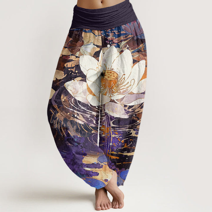 Pantalones bombachos de cintura elástica para mujer, de algodón, estilo casual, con estampado de flor de loto y Buddha Stones. - Índigo - US22，UK/AU26，EU54 (6XL) - image 7