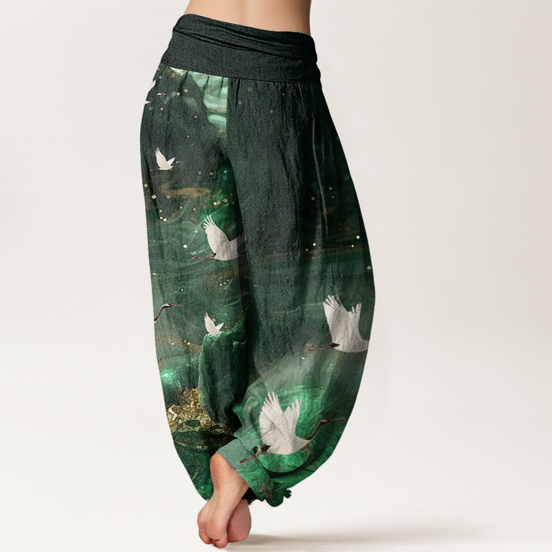 Pantalones bombachos de cintura elástica para mujer, de algodón con estampado de grullas voladoras y Buddha Stones. - image 2