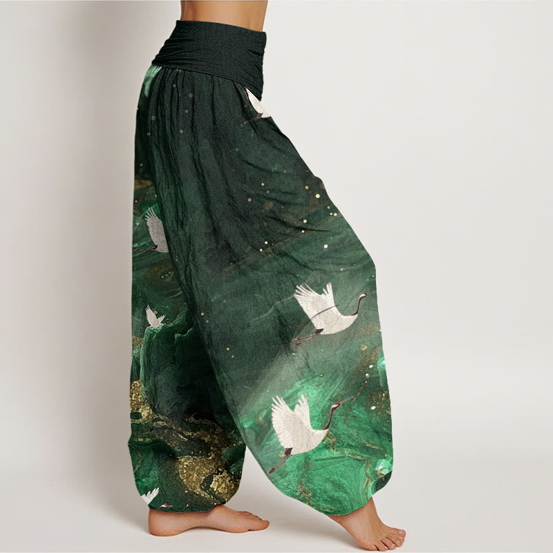 Pantalones bombachos de cintura elástica para mujer, de algodón con estampado de grullas voladoras y Buddha Stones. - image 1