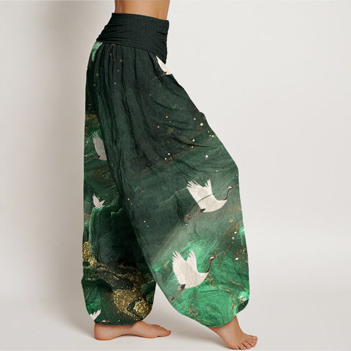 Pantalones bombachos de cintura elástica para mujer, de algodón con estampado de grullas voladoras y Buddha Stones. - image 1