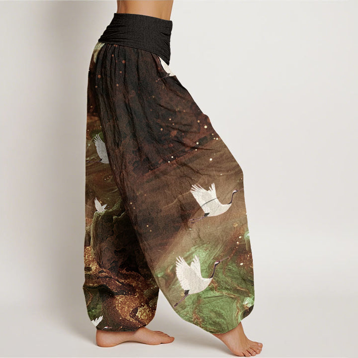 Pantalones bombachos de cintura elástica para mujer, de algodón con estampado de grullas voladoras y Buddha Stones. - image 5