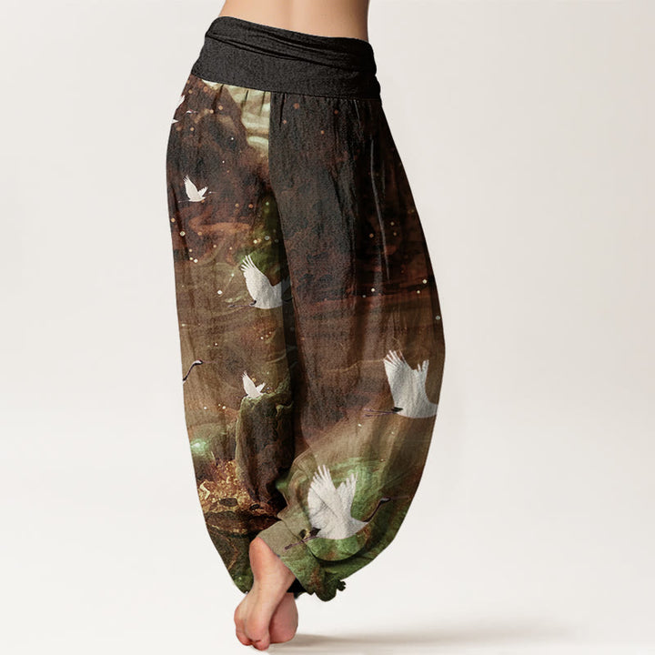Pantalones bombachos de cintura elástica para mujer, de algodón con estampado de grullas voladoras y Buddha Stones. - image 6