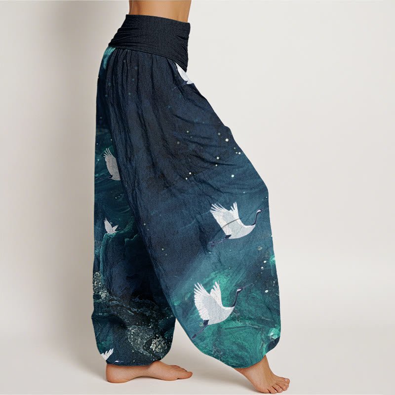 Pantalones bombachos de cintura elástica para mujer, de algodón con estampado de grullas voladoras y Buddha Stones. - image 8