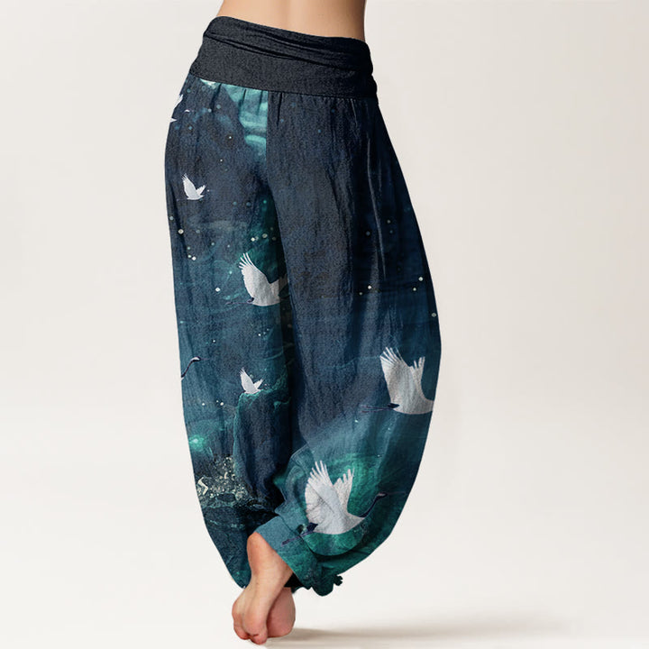Pantalones bombachos de cintura elástica para mujer, de algodón con estampado de grullas voladoras y Buddha Stones. - image 9