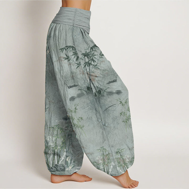 Pantalones harén de algodón puro con estampado de Buddha Stones , informales, de bambú y tinta de roca, con cintura elástica para mujer - image 11