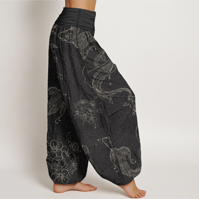 Pantalones harén de algodón puro con estampado floral de peces koi y Buddha Stones para mujer con cintura elástica - image 2