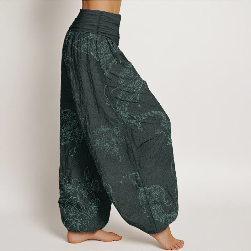 Pantalones harén de algodón puro con estampado floral de peces koi y Buddha Stones para mujer con cintura elástica - image 10
