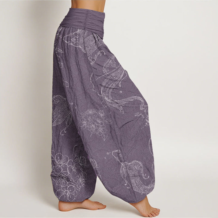 Pantalones harén de algodón puro con estampado floral de peces koi y Buddha Stones para mujer con cintura elástica - image 7