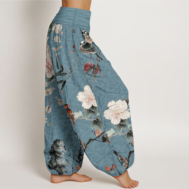 Pantalones harén de algodón puro con diseño de mandala, ramas de flores y pájaros currucas, con Buddha Stones y cintura elástica para mujer - image 7