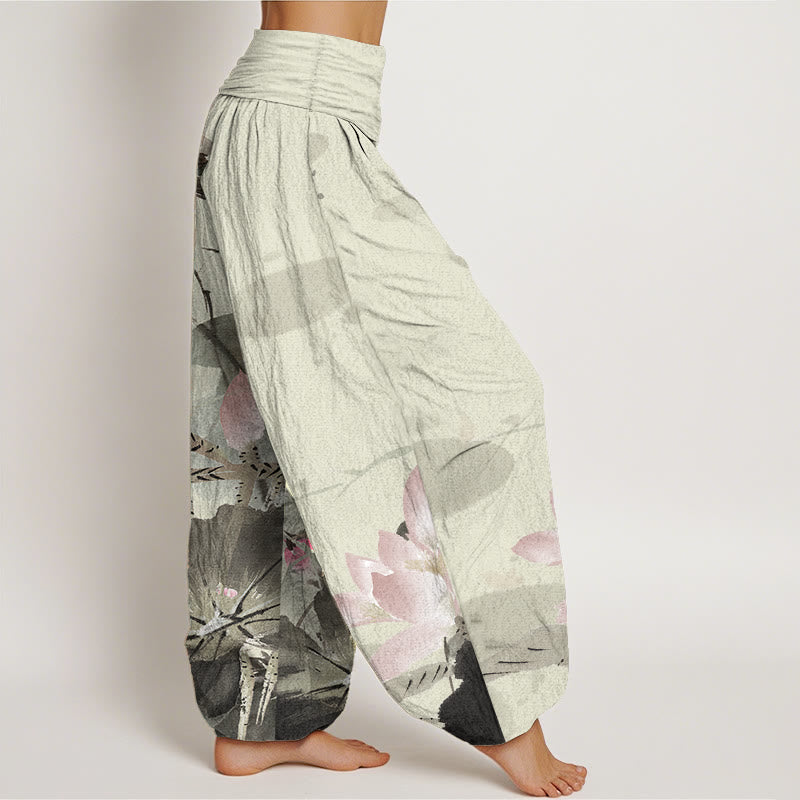 Pantalones harén de algodón puro con estampado de Buddha Stones de loto rosa y pájaro para mujer, con cintura elástica - image 2