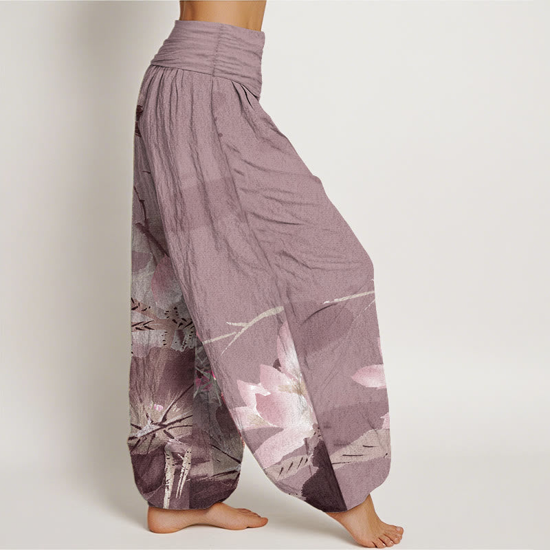 Pantalones harén de algodón puro con estampado de Buddha Stones de loto rosa y pájaro para mujer, con cintura elástica - image 10