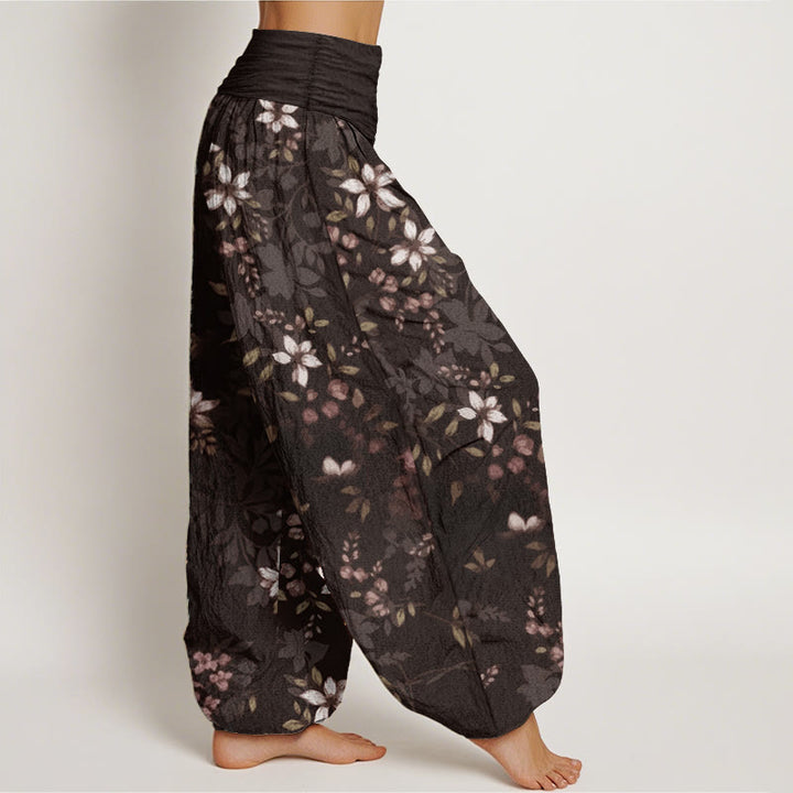 Pantalones harén de algodón puro con diseño de Buddha Stones y pequeñas flores blancas y hojas verdes para mujer, con cintura elástica