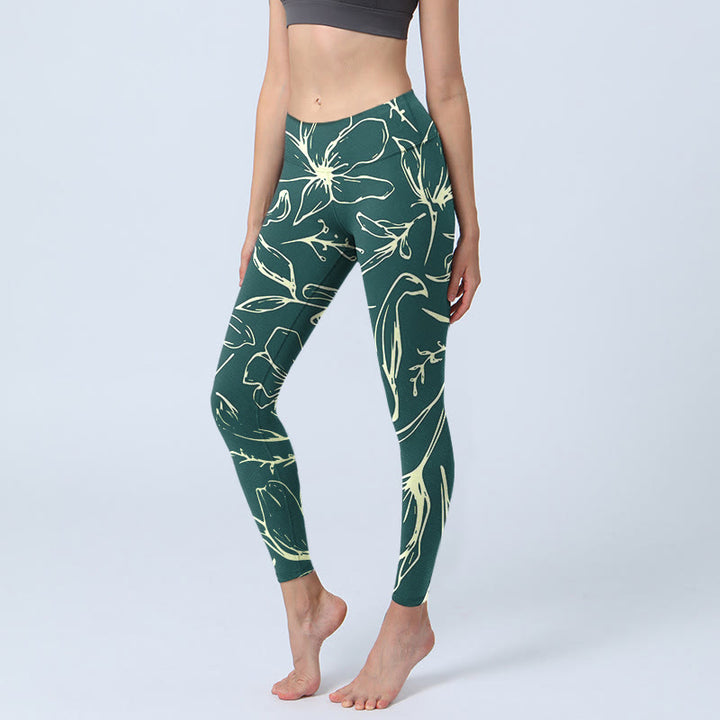 Leggings de yoga para mujer con estampado de pétalos florales grandes y Buddha Stones - Verde azulado - US18，UK/AU22，EU50 (4XL) - image 1