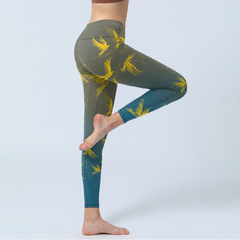 Leggings de yoga para mujer con estampado de pájaros voladores dorados y Buddha Stones - image 3