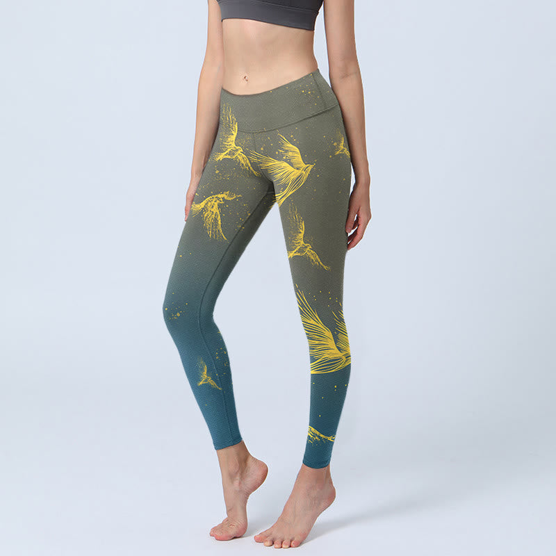 Leggings de yoga para mujer con estampado de pájaros voladores dorados y Buddha Stones - Gris pizarra - US18，UK/AU22，EU50 (4XL) - image 1
