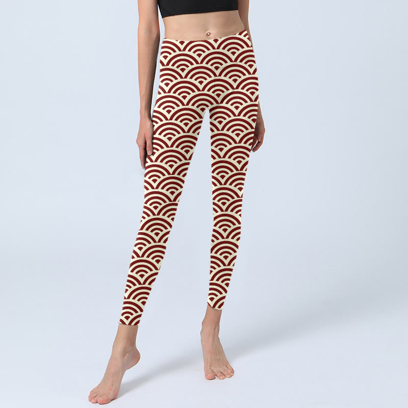 Leggings de yoga para mujer con estampado de abanicos en rojo y beige con Buddha Stones - image 5