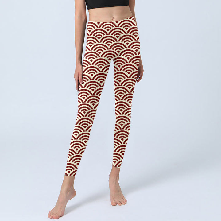 Leggings de yoga para mujer con estampado de abanicos en rojo y beige con Buddha Stones - image 5