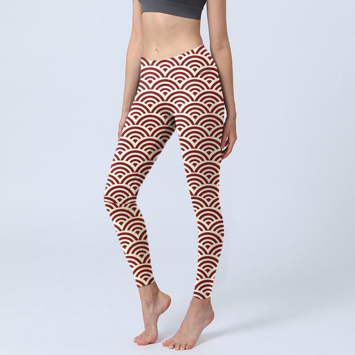 Leggings de yoga para mujer con estampado de abanicos en rojo y beige con Buddha Stones - Beige - US18，UK/AU22，EU50 (4XL) - image 1