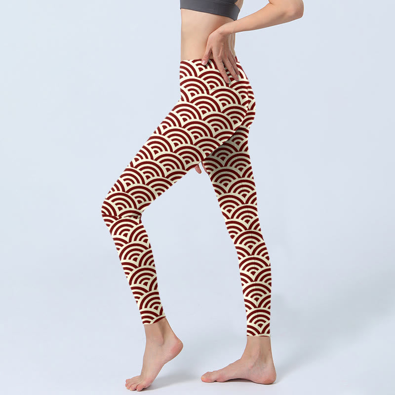 Leggings de yoga para mujer con estampado de abanicos en rojo y beige con Buddha Stones - image 3