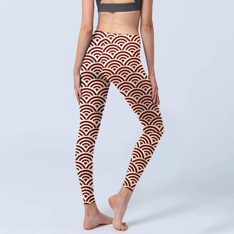 Leggings de yoga para mujer con estampado de abanicos en rojo y beige con Buddha Stones - image 5