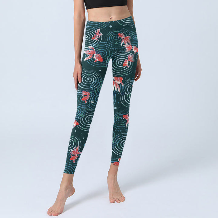 Leggings de yoga para mujer con estampado de ondas de agua y peces koi rojos y Buddha Stones - image 6