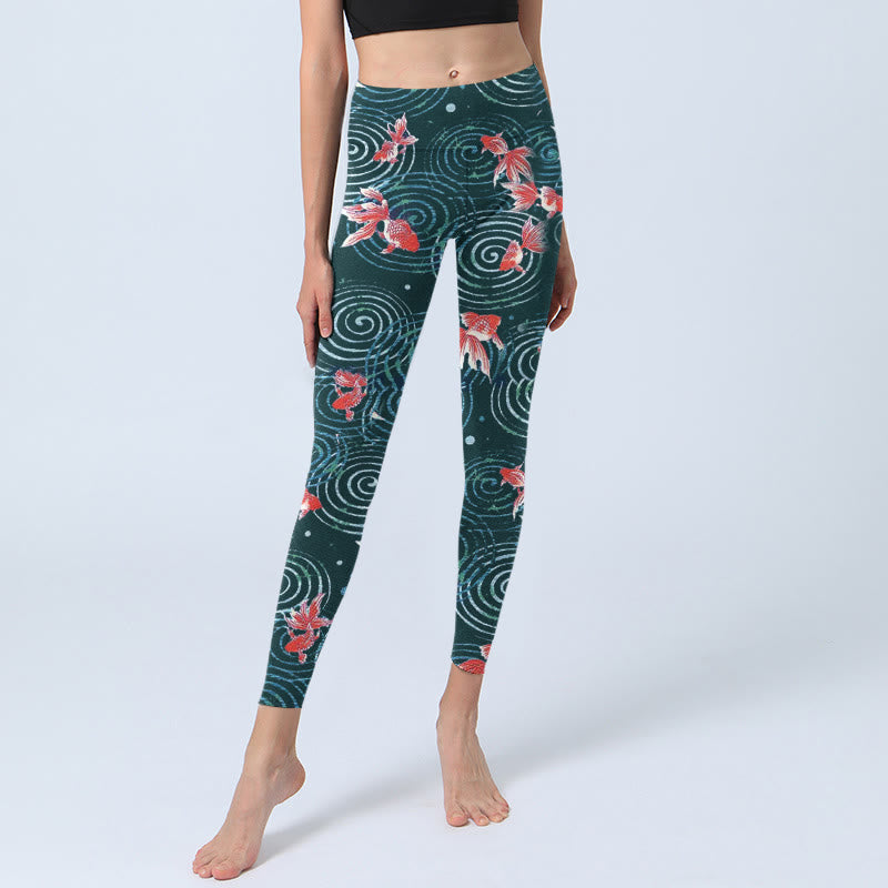 Leggings de yoga para mujer con estampado de ondas de agua y peces koi rojos y Buddha Stones - image 5