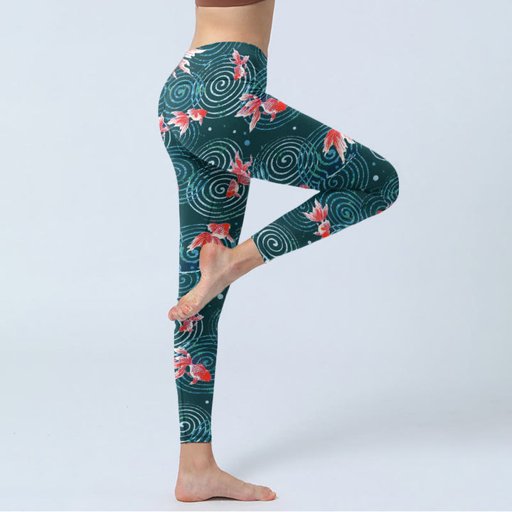 Leggings de yoga para mujer con estampado de ondas de agua y peces koi rojos y Buddha Stones - image 4