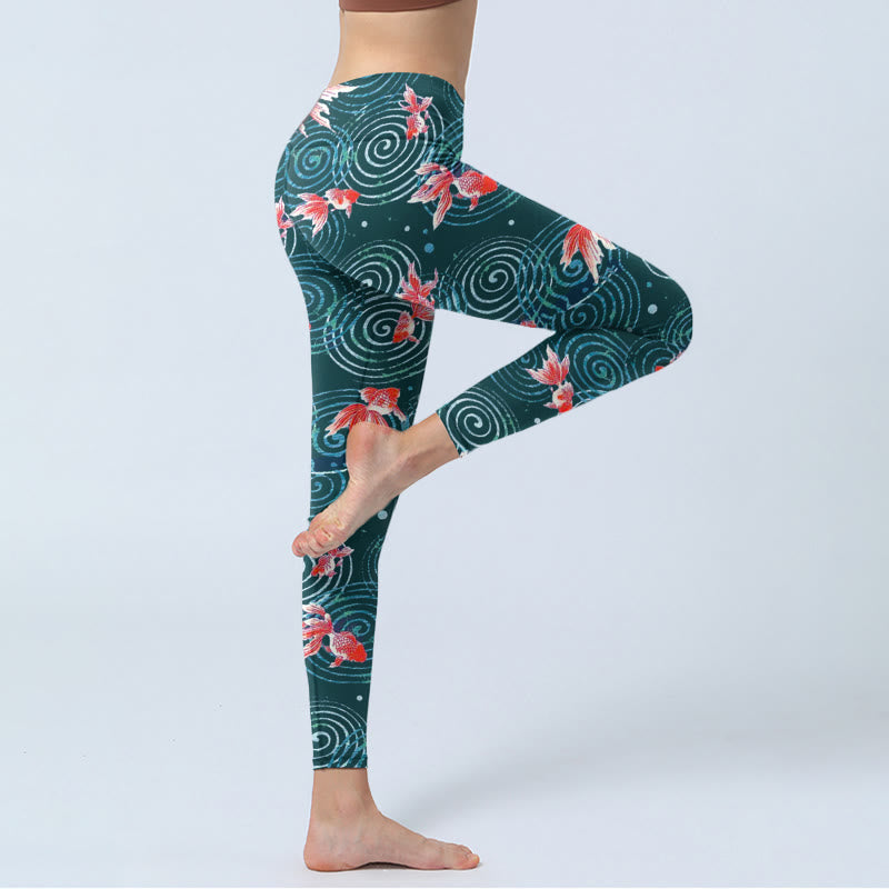 Leggings de yoga para mujer con estampado de ondas de agua y peces koi rojos y Buddha Stones - image 3