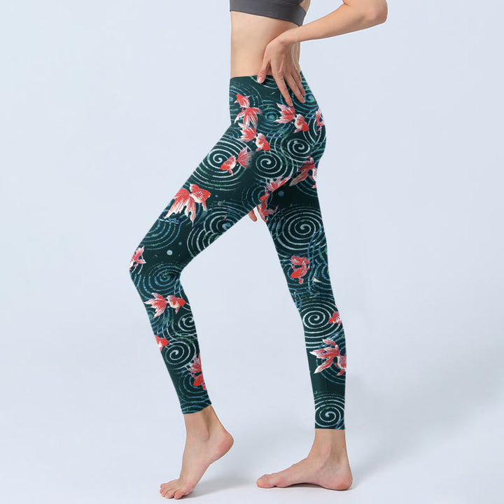 Leggings de yoga para mujer con estampado de ondas de agua y peces koi rojos y Buddha Stones - image 3