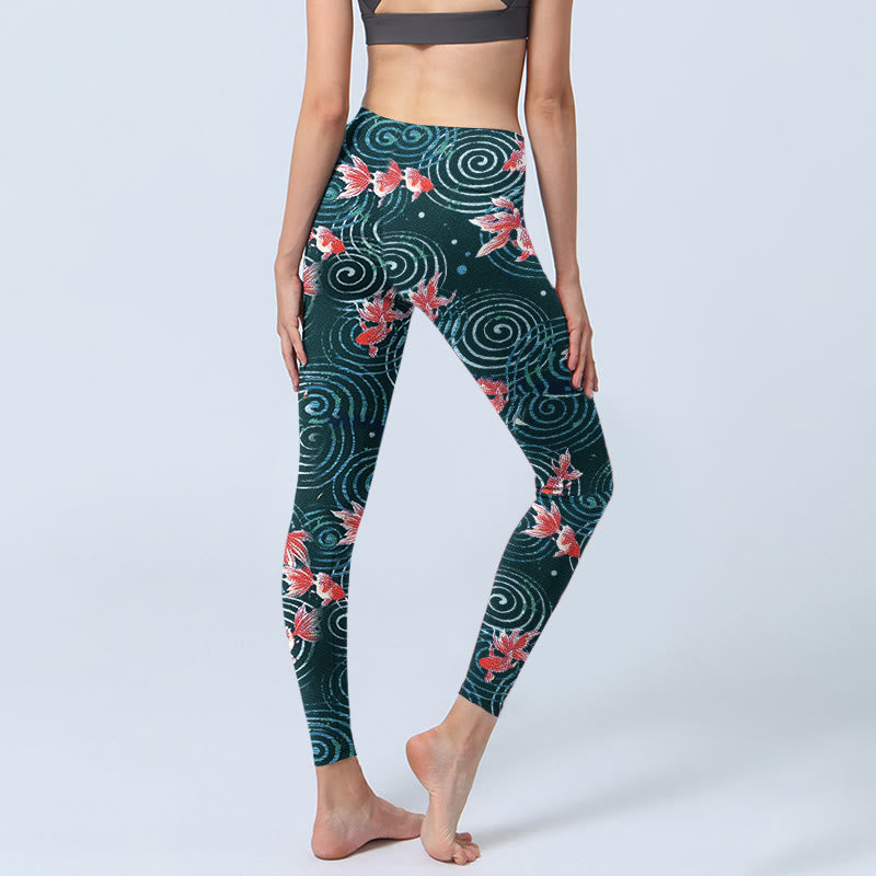 Leggings de yoga para mujer con estampado de ondas de agua y peces koi rojos y Buddha Stones - image 4